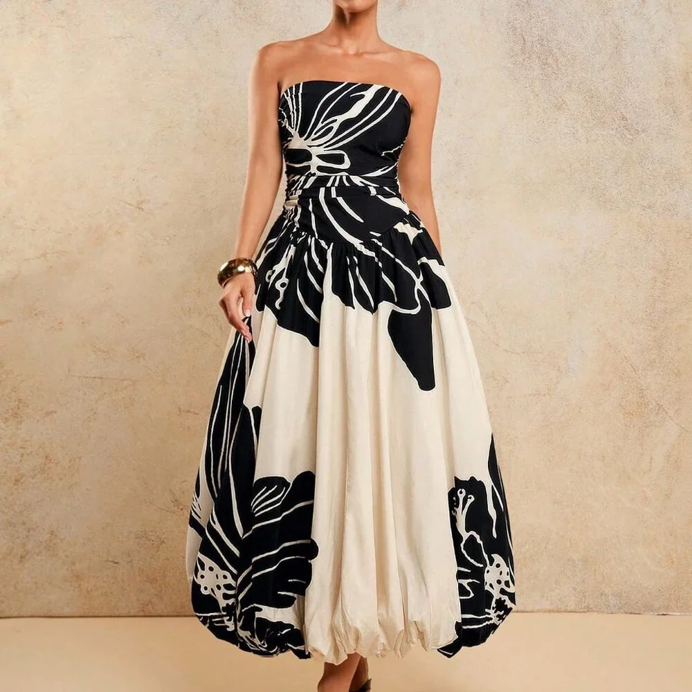 Black And White Elegant Women's Ruched Printed Dress - Picture 1 of 7